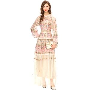 Womens Elegant Mesh Embroidered Translucent Lantern Sleeve Long Dress Size Large